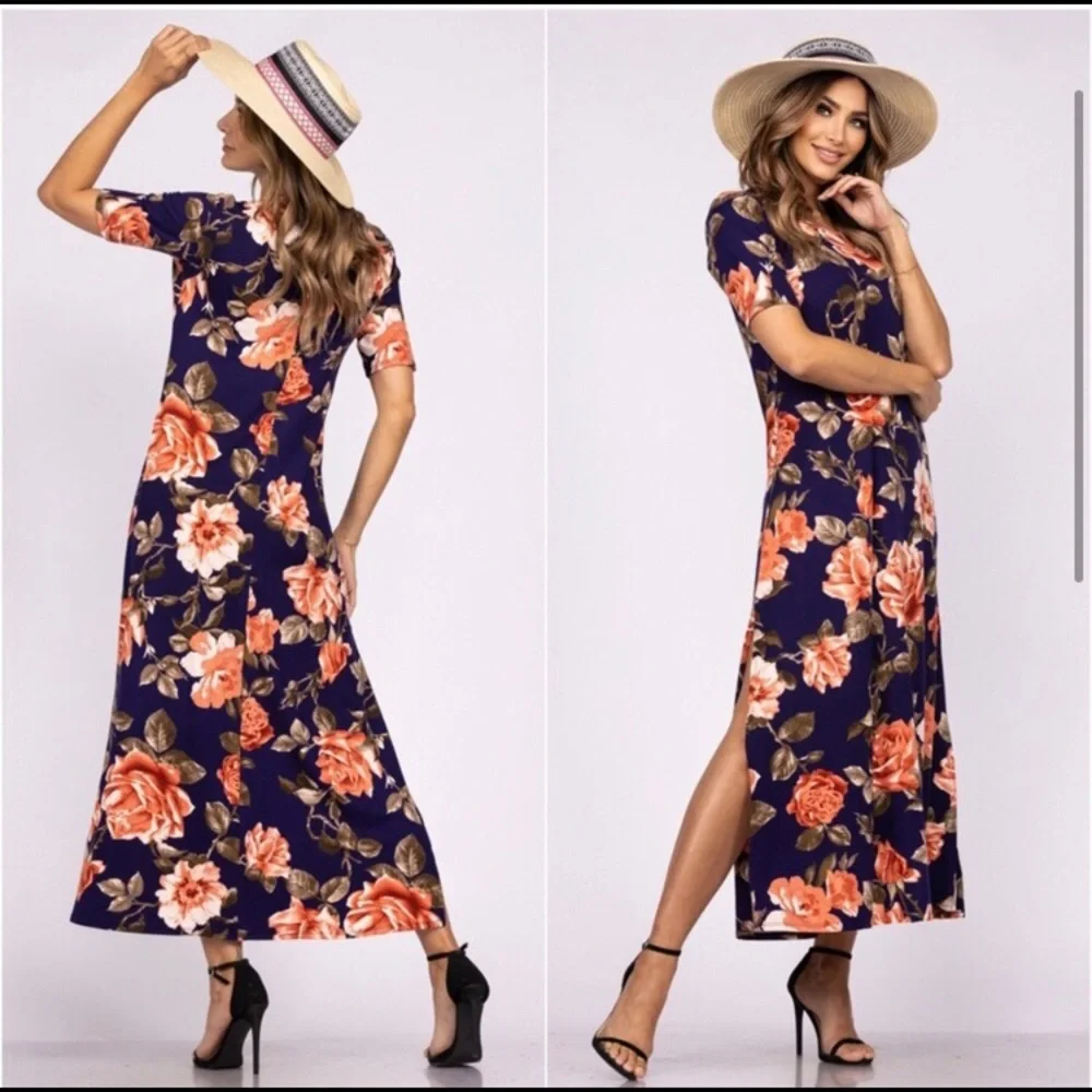 Navy buttery super soft women’s short sleeved maxi dress - Picture 2 of 4
